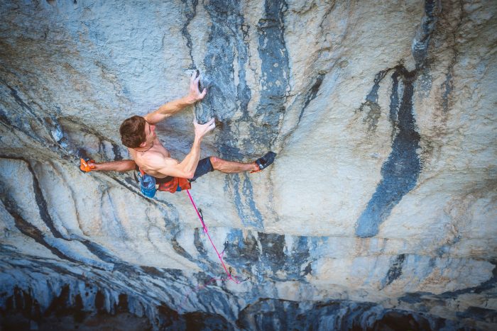 Seb Bouin working his proposed line in the Verdon Gorge of France.