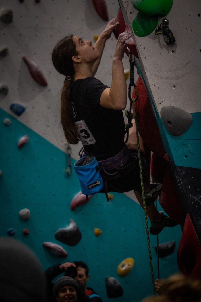 Katherine making one of her final climbs in the Youth Climbing Series finals to place 12th overall.